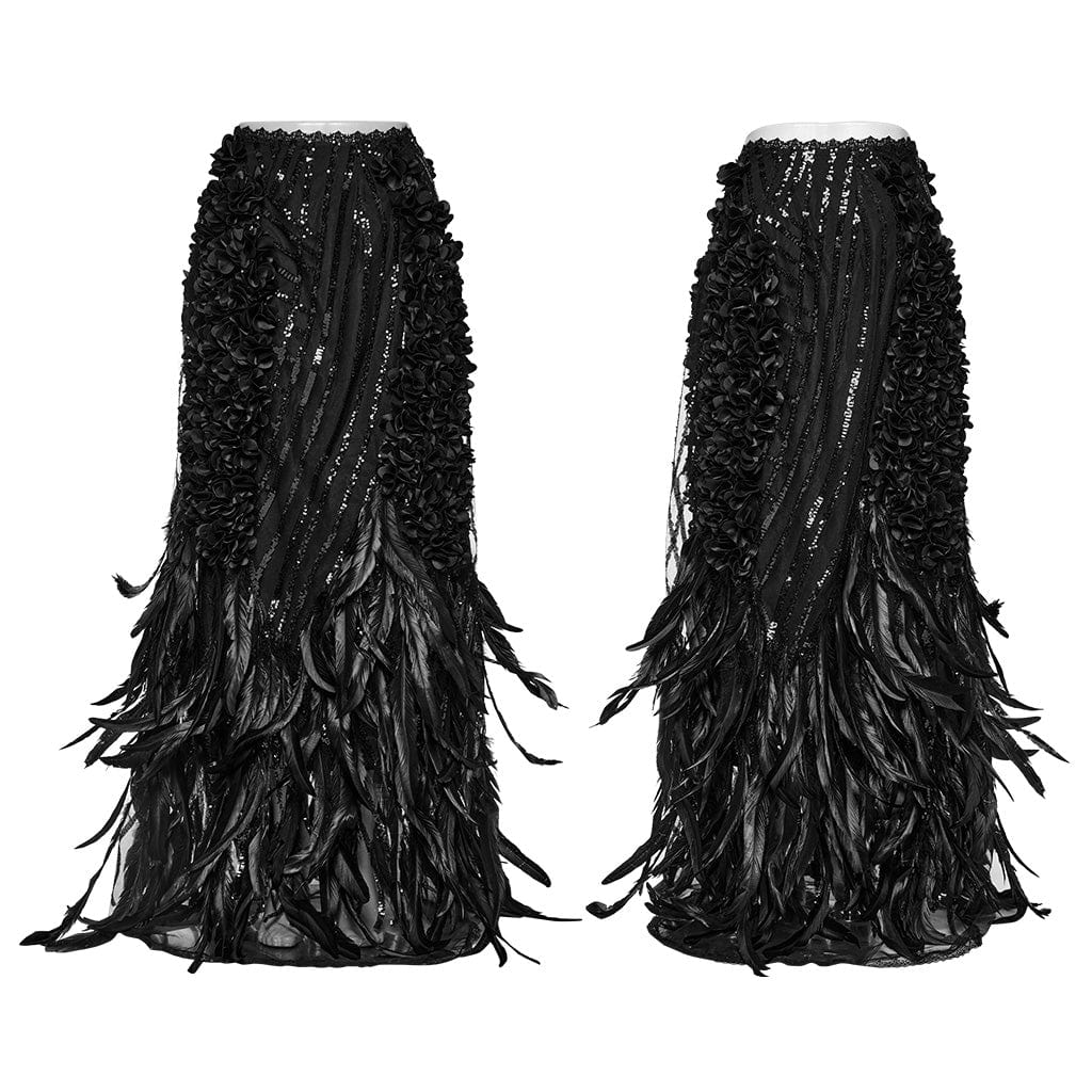 PUNK RAVE Women's Gothic Sequin Feather Floral Skirt