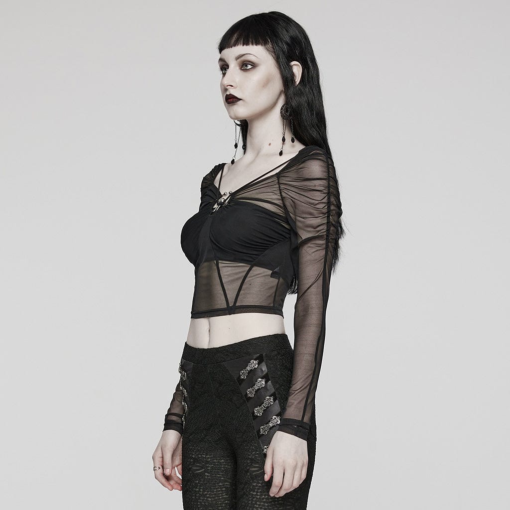 PUNK RAVE Women's Gothic Sheer Lace-Up Mesh Long Sleeved Crop Top