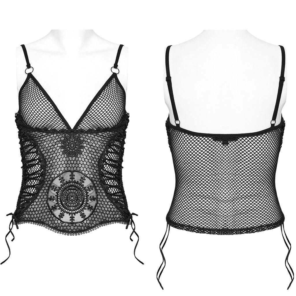 PUNK RAVE Women's Gothic Sheer Mesh Lace-Up Tank Top