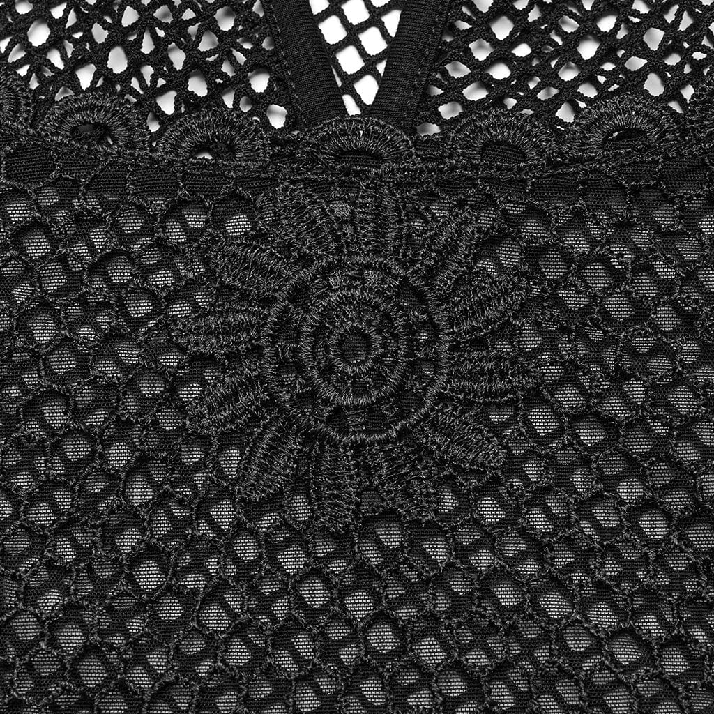 PUNK RAVE Women's Gothic Sheer Mesh Lace-Up Tank Top