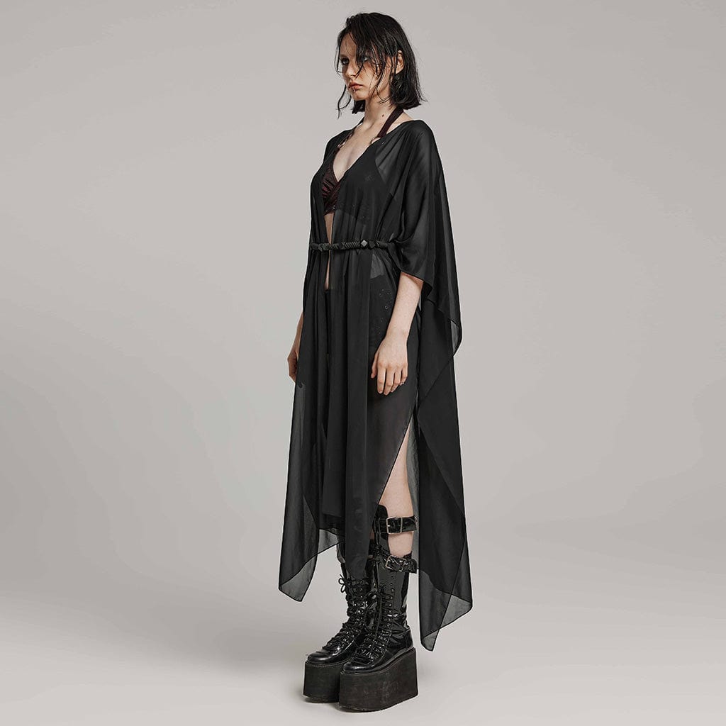 PUNK RAVE Women's Gothic Sheer Ruffled Loose Sunscreen Coat Black