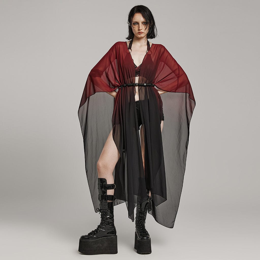 PUNK RAVE Women's Gothic Sheer Ruffled Loose Sunscreen Coat Black-Red