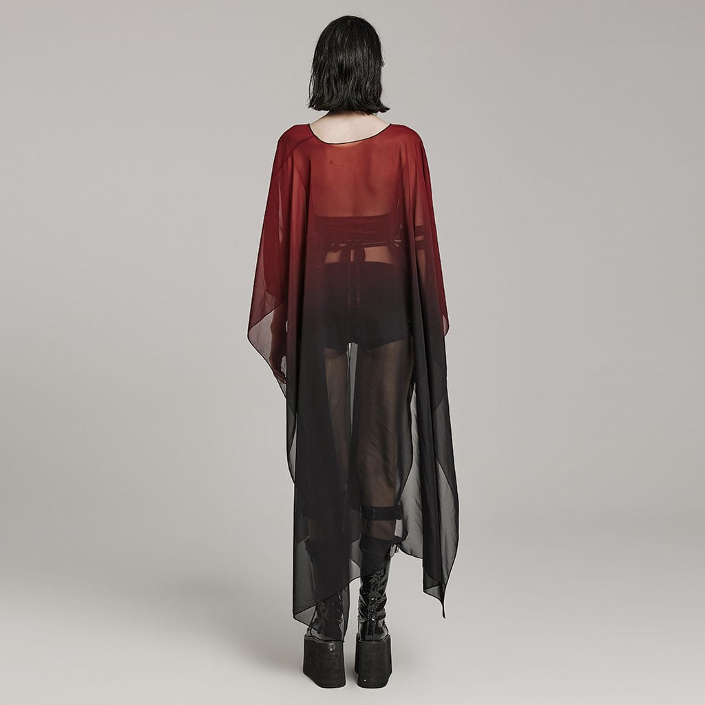 PUNK RAVE Women's Gothic Sheer Ruffled Loose Sunscreen Coat Black-Red