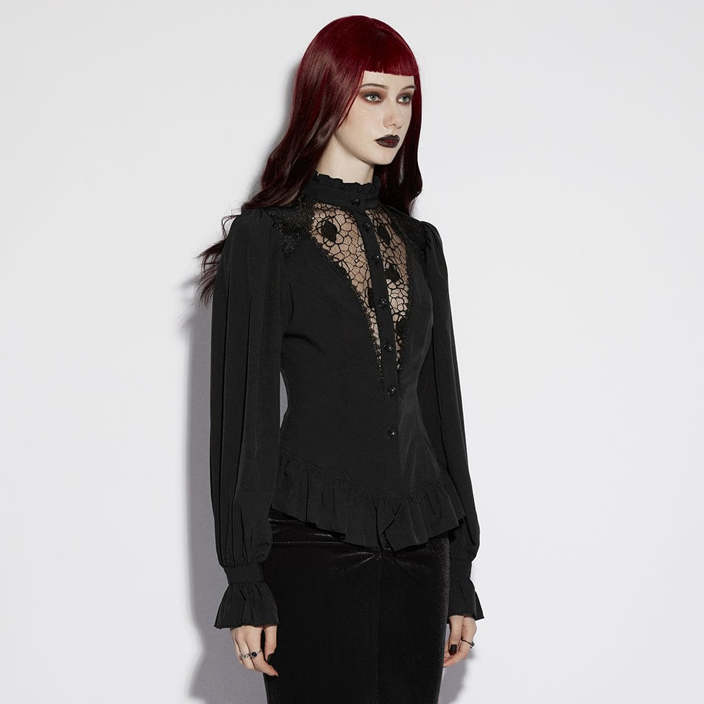PUNK RAVE Women's Gothic Sheer Ruffled Puff Long Sleeved Shirt