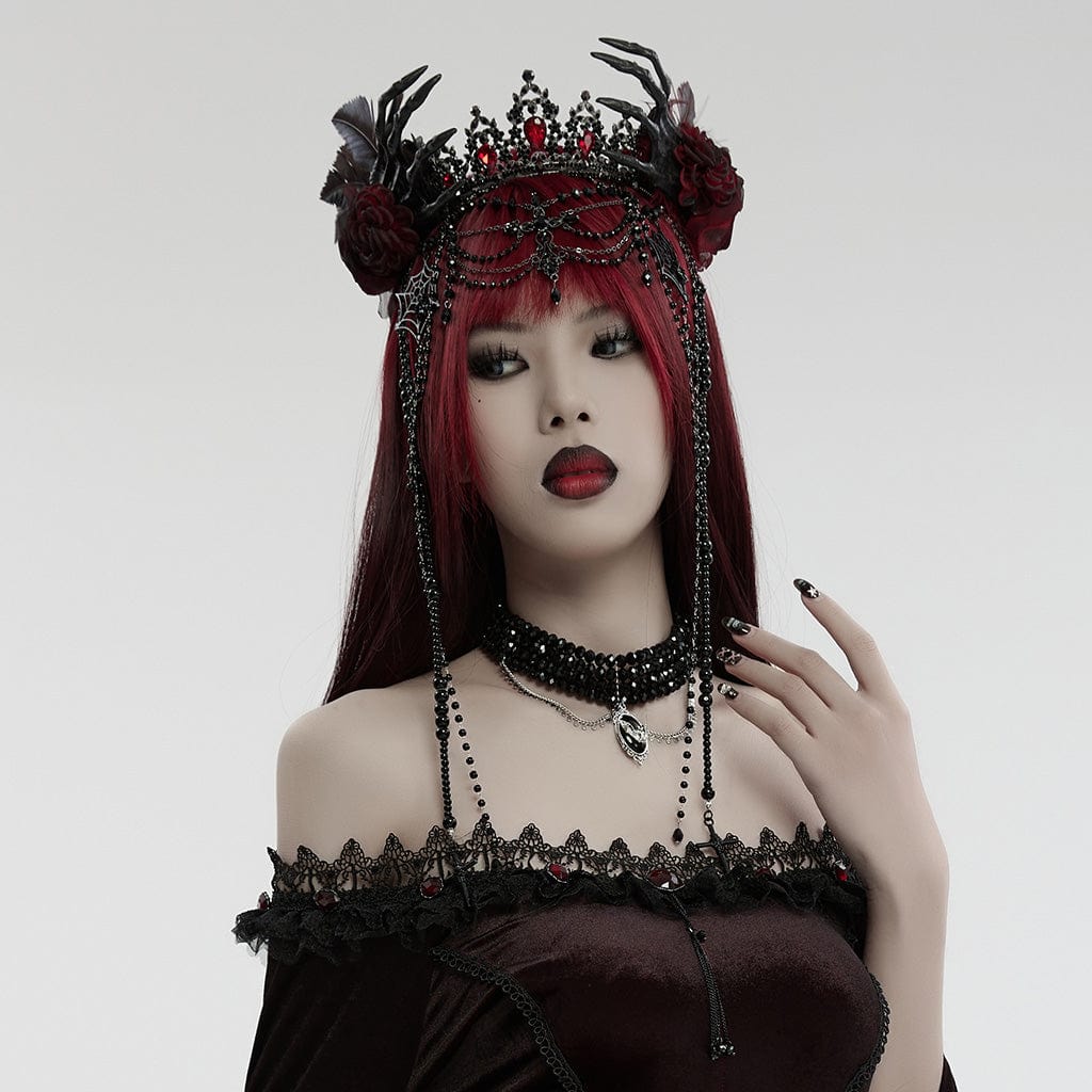 PUNK RAVE Women's Gothic Skeleton Beaded Crown Headwear Black-red