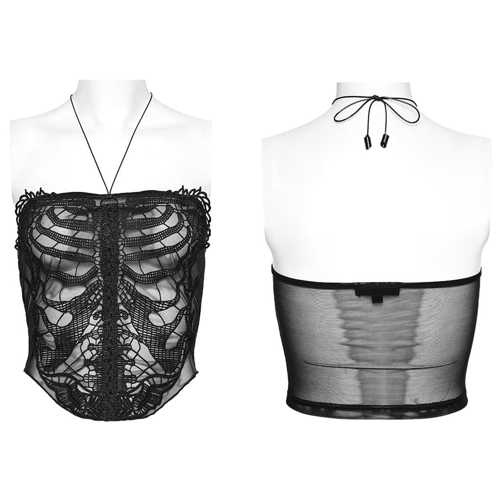 PUNK RAVE Women's Gothic Skeleton Embroidered Mesh Bustier