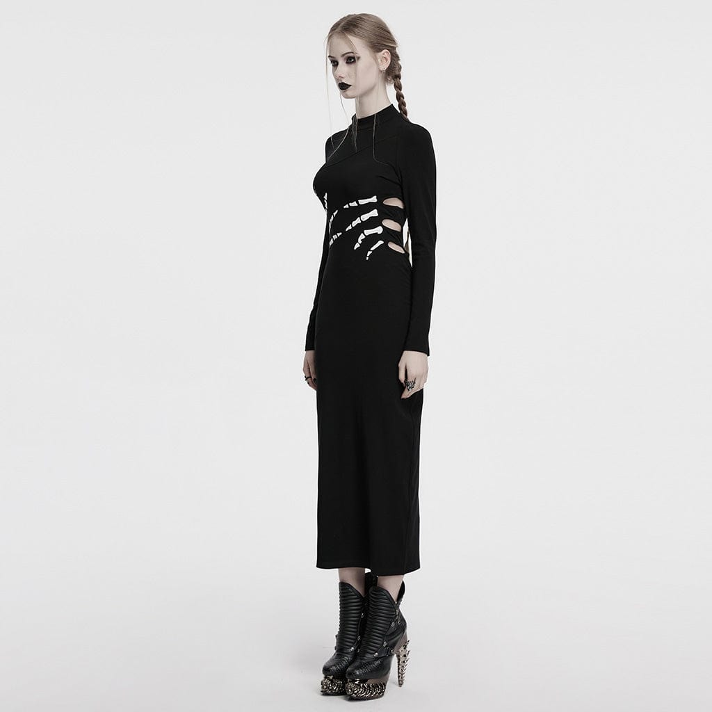 PUNK RAVE Women's Gothic Skeleton Printed Cutout Halloween Dress Black