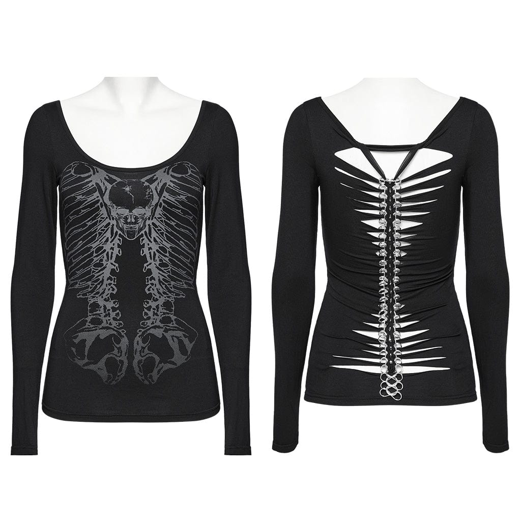 PUNK RAVE Women's Gothic Skeleton Printed T-shirt