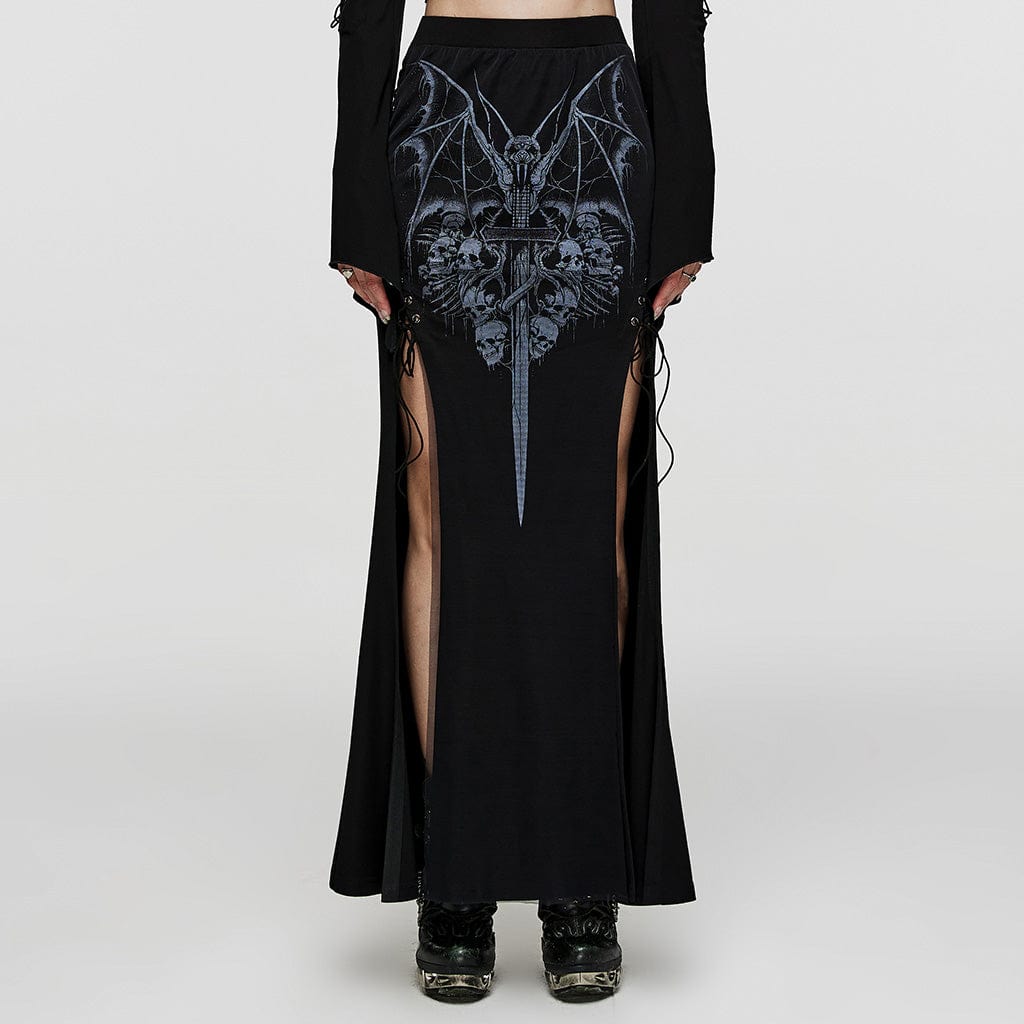 PUNK RAVE Women's Gothic Skull Printed Side Slit Skirt