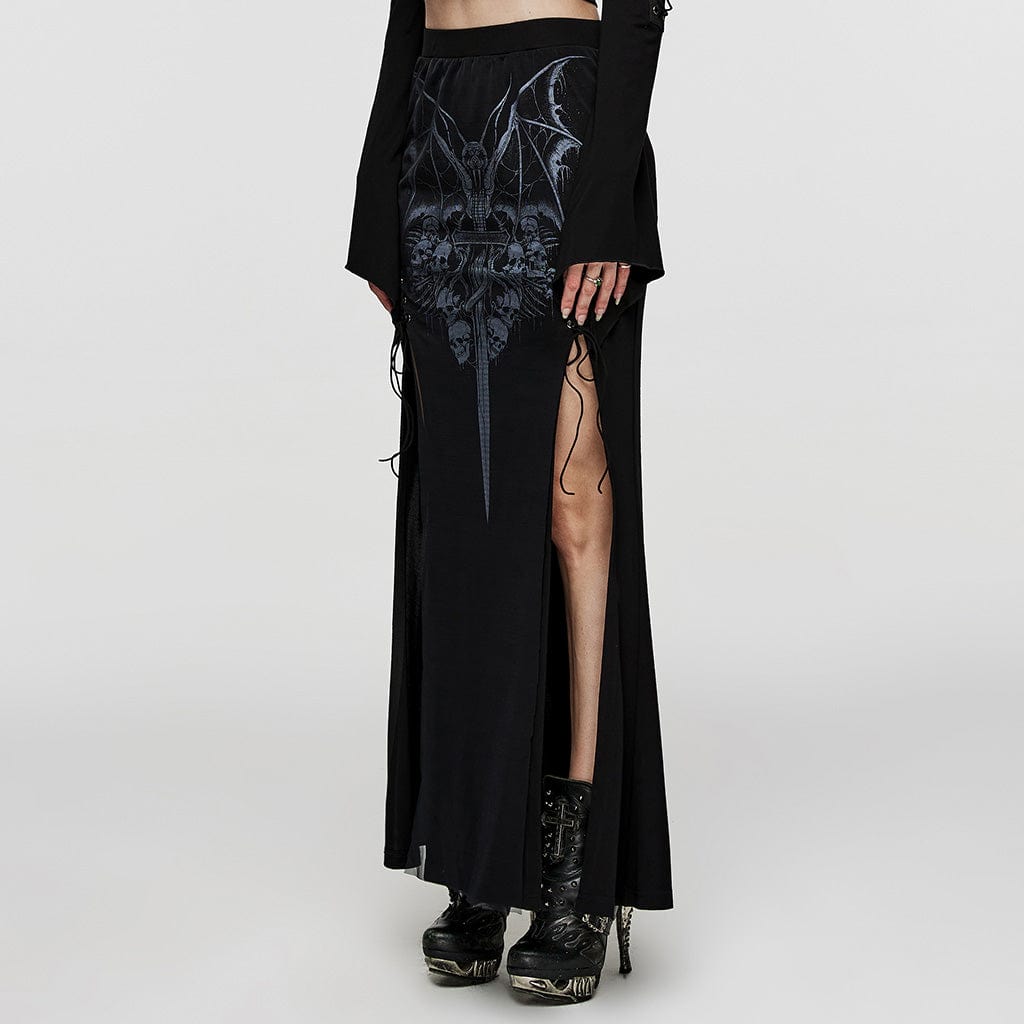PUNK RAVE Women's Gothic Skull Printed Side Slit Skirt