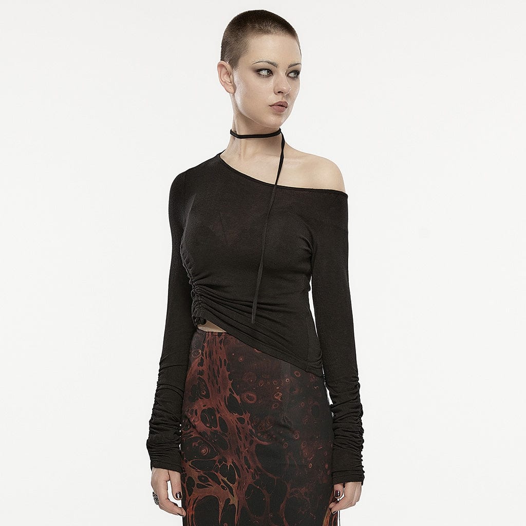 PUNK RAVE Women's Gothic Slash Shoulder Drawstring Shirt