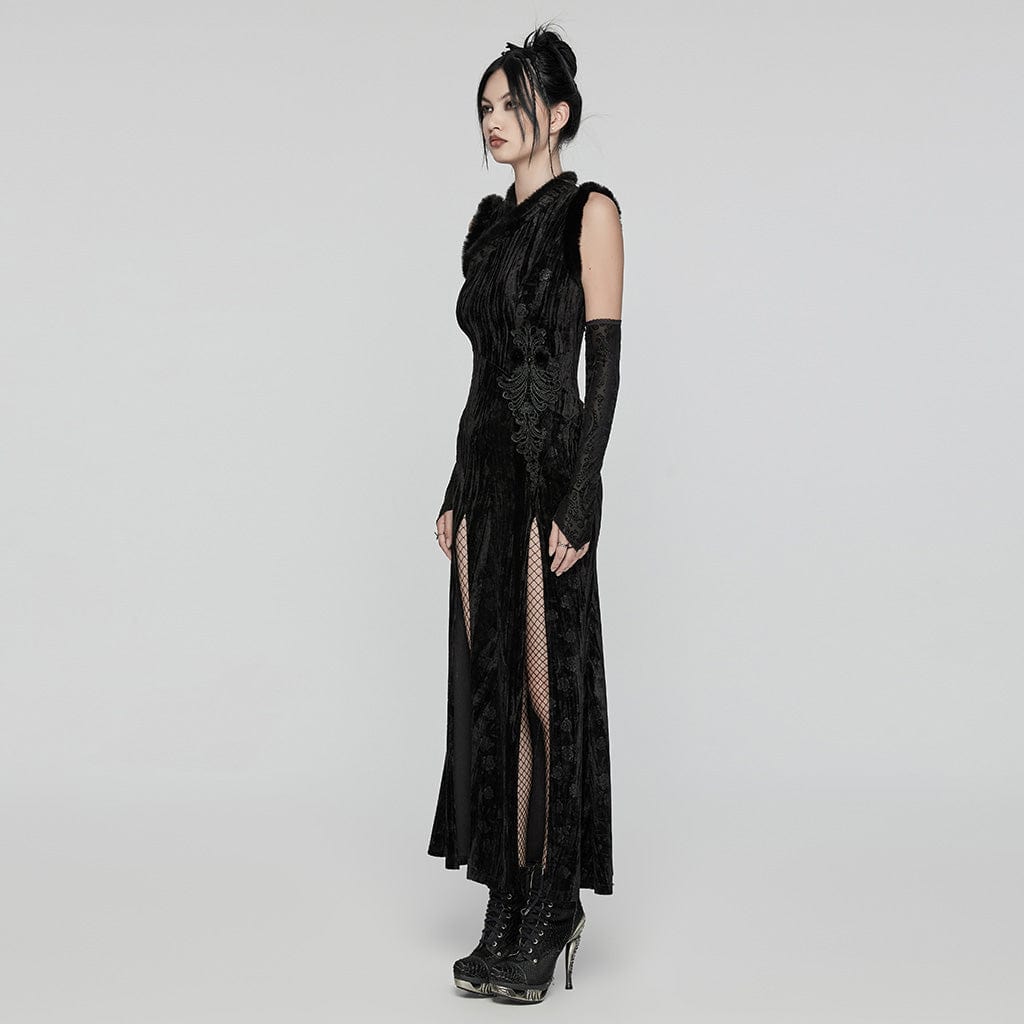 PUNK RAVE Women's Gothic Split Embossed Velvet Prom Dress with Oversleeves