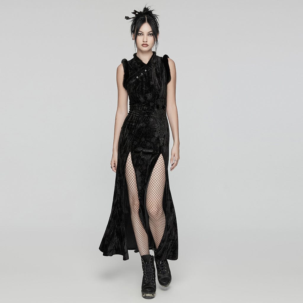 PUNK RAVE Women's Gothic Split Embossed Velvet Prom Dress with Oversleeves