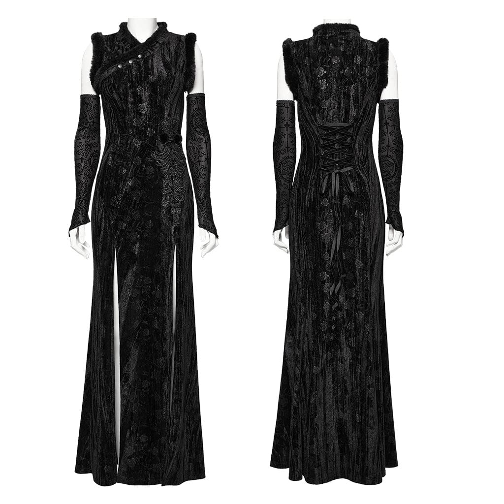 PUNK RAVE Women's Gothic Split Embossed Velvet Prom Dress with Oversleeves