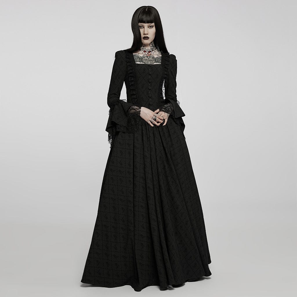 PUNK RAVE Women's Gothic Square Collar Flare Sleeved Lace Maxi Dress Wedding Dress