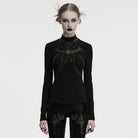 PUNK RAVE Women's Gothic Stand Collar Bat Mesh Splice Chain Shirt Black