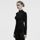 PUNK RAVE Women's Gothic Stand Collar Bat Mesh Splice Chain Shirt Black