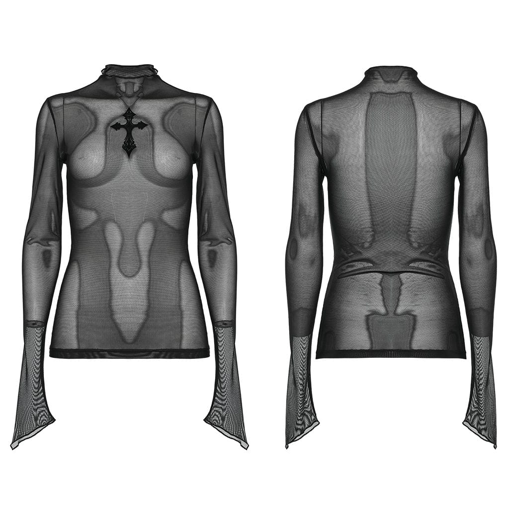 PUNK RAVE Women's Gothic Stand Collar Cross Mesh Shirt