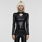 PUNK RAVE Women's Gothic Stand Collar Cutout Ruched Shirt