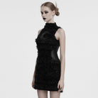 PUNK RAVE Women's Gothic Stand Collar Faux Fur Splice Party Dress Black