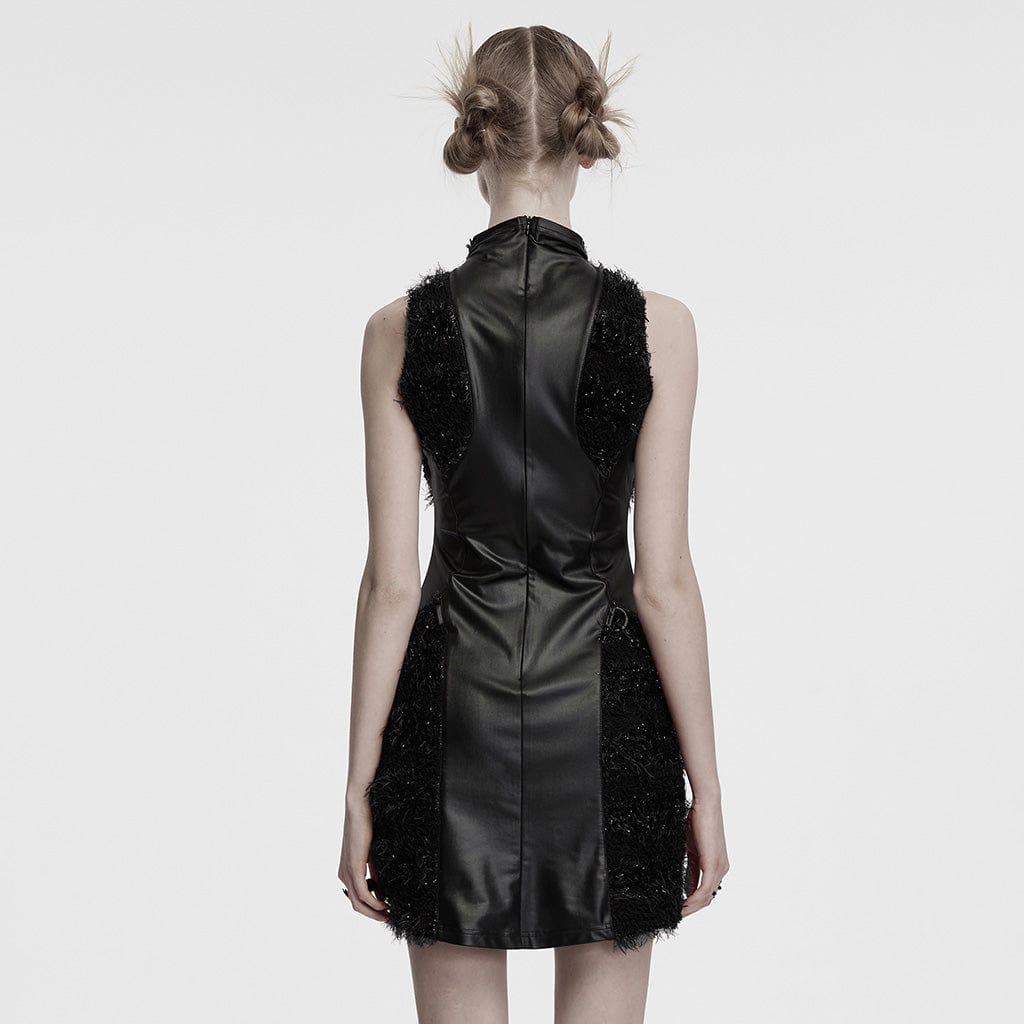 PUNK RAVE Women's Gothic Stand Collar Faux Fur Splice Party Dress Black