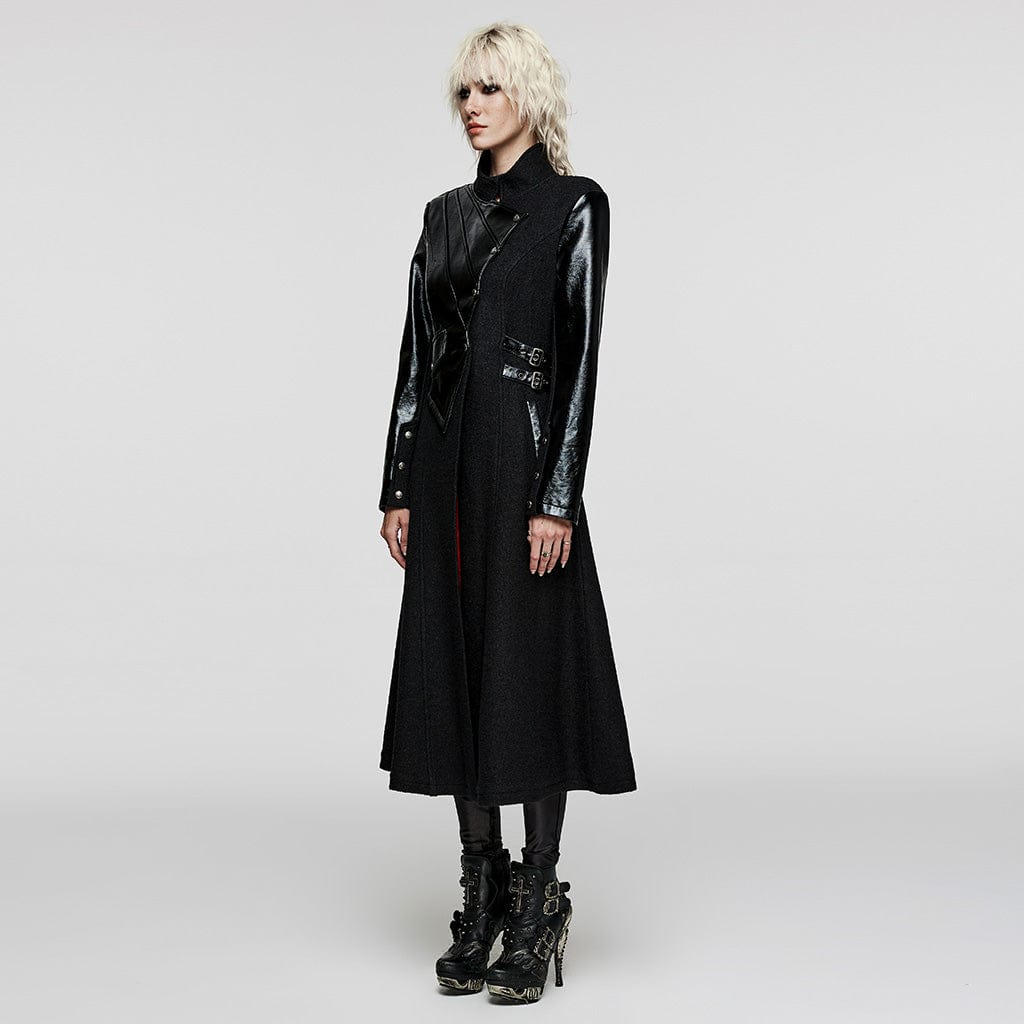 PUNK RAVE Women's Gothic Stand Collar Faux Leather Splice Wool Coat