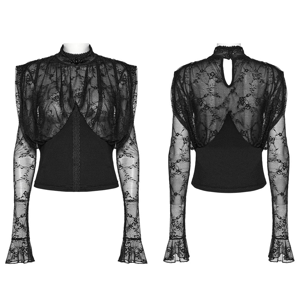 PUNK RAVE Women's Gothic Stand Collar Flared Sleeved Lace Shirt