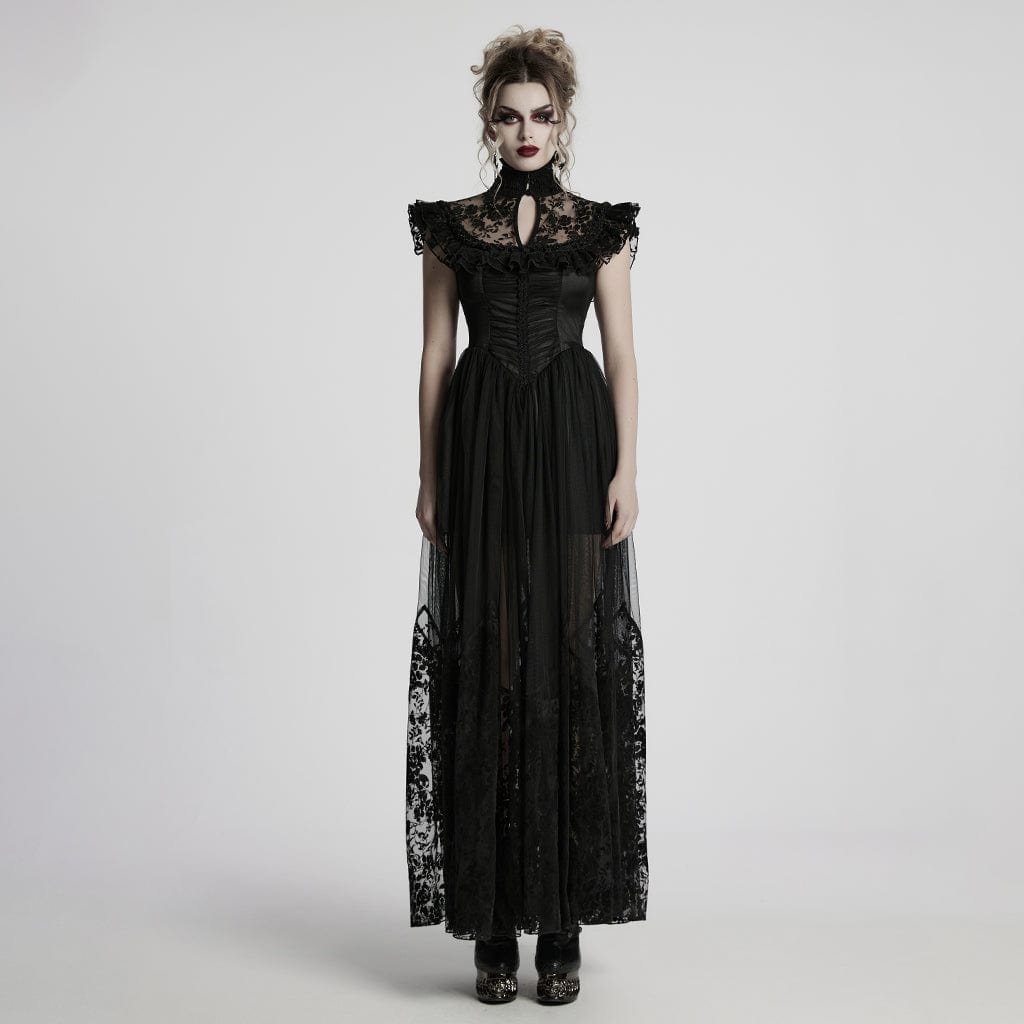 PUNK RAVE Women's Gothic Stand Collar Flocking Mesh Formal Dress