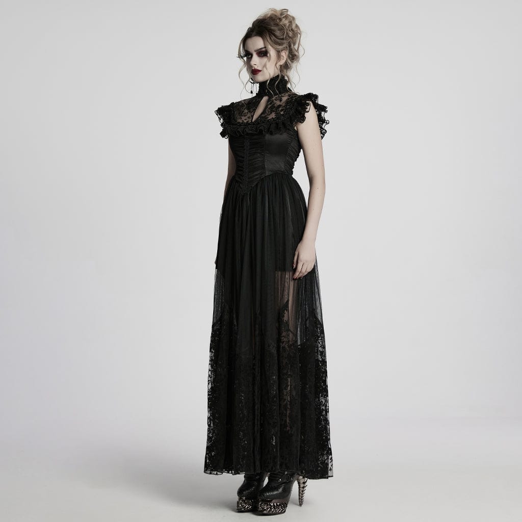PUNK RAVE Women's Gothic Stand Collar Flocking Mesh Formal Dress