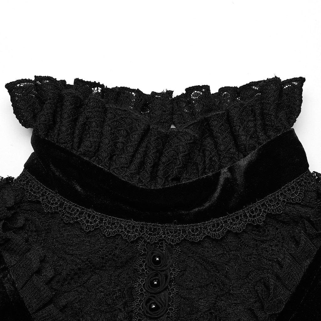 PUNK RAVE Women's Gothic Stand Collar Lace Splice Velvet Dress