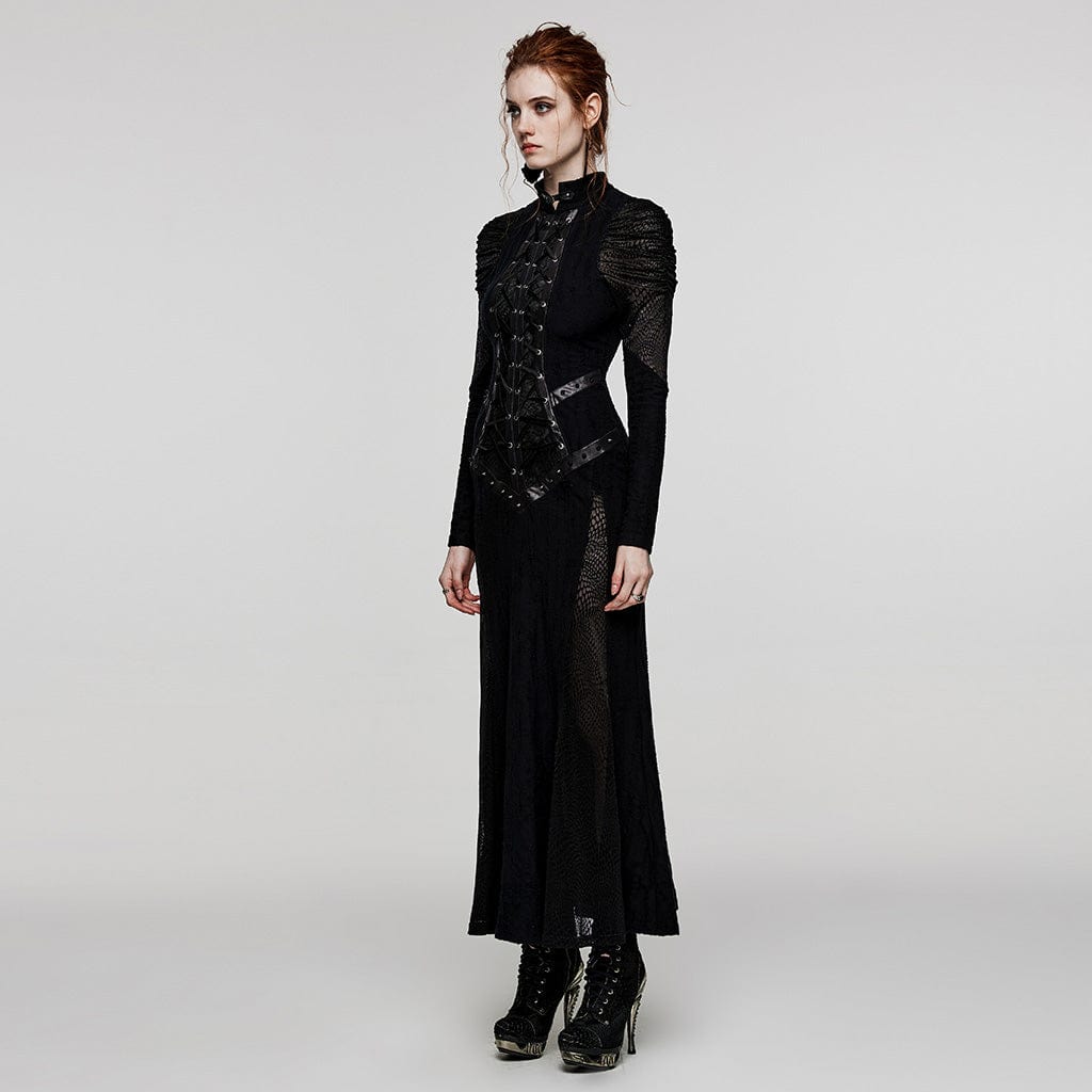 PUNK RAVE Women's Gothic Stand Collar Lace-up Fishtail Dress