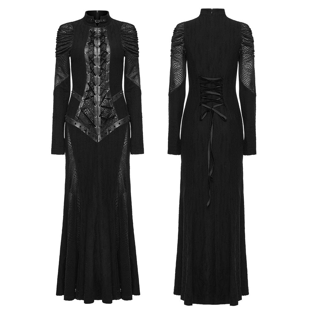 PUNK RAVE Women's Gothic Stand Collar Lace-up Fishtail Dress