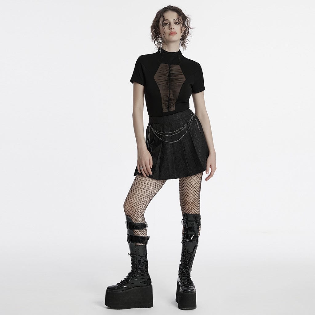 PUNK RAVE Women's Gothic Stand Collar Mesh Splice Shirt