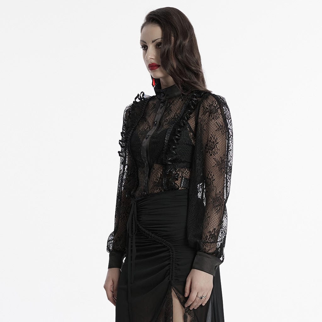 PUNK RAVE Women's Gothic Stand Collar Puff Sleeved Lace Shirt