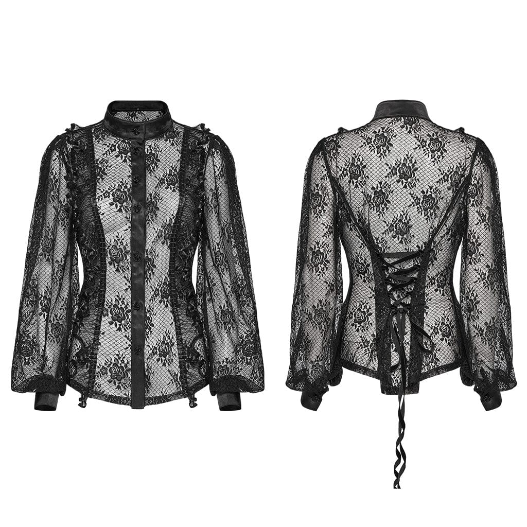 PUNK RAVE Women's Gothic Stand Collar Puff Sleeved Lace Shirt