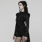 PUNK RAVE Women's Gothic Stand Collar Puff Sleeved Lace Shirt Black
