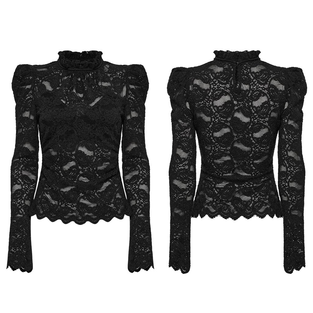 PUNK RAVE Women's Gothic Stand Collar Puff Sleeved Lace Shirt Black