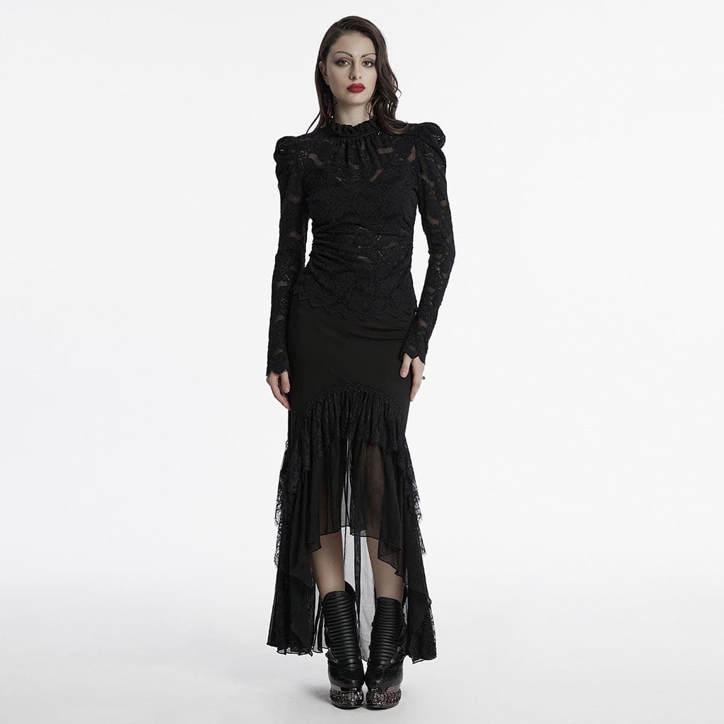 PUNK RAVE Women's Gothic Stand Collar Puff Sleeved Lace Shirt Black