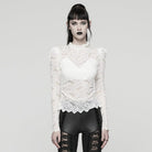PUNK RAVE Women's Gothic Stand Collar Puff Sleeved Lace Shirt White