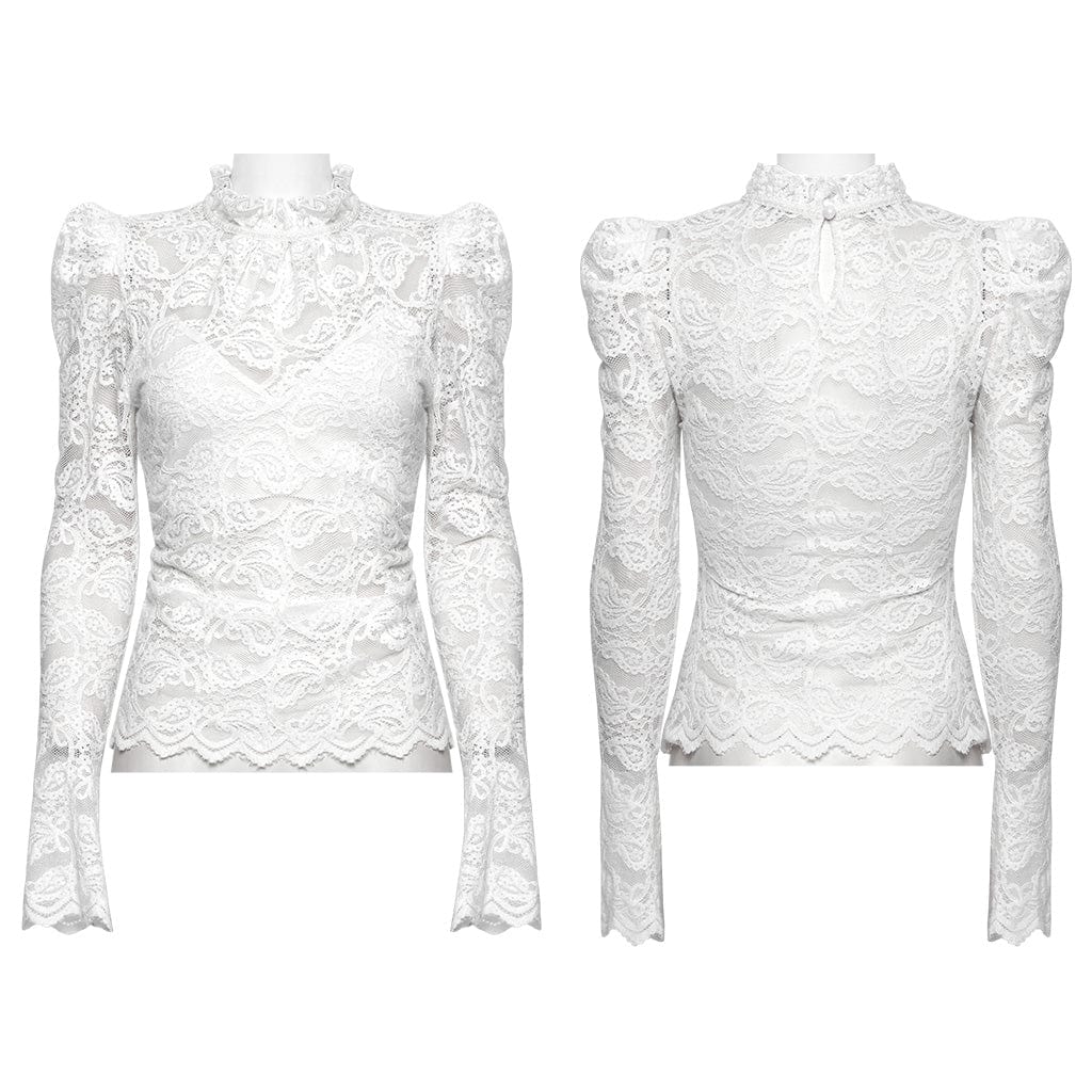 PUNK RAVE Women's Gothic Stand Collar Puff Sleeved Lace Shirt White