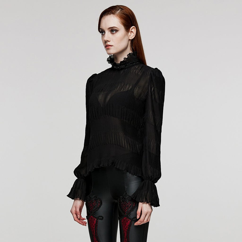PUNK RAVE Women's Gothic Stand Collar Puff Sleeved Ruched Shirt