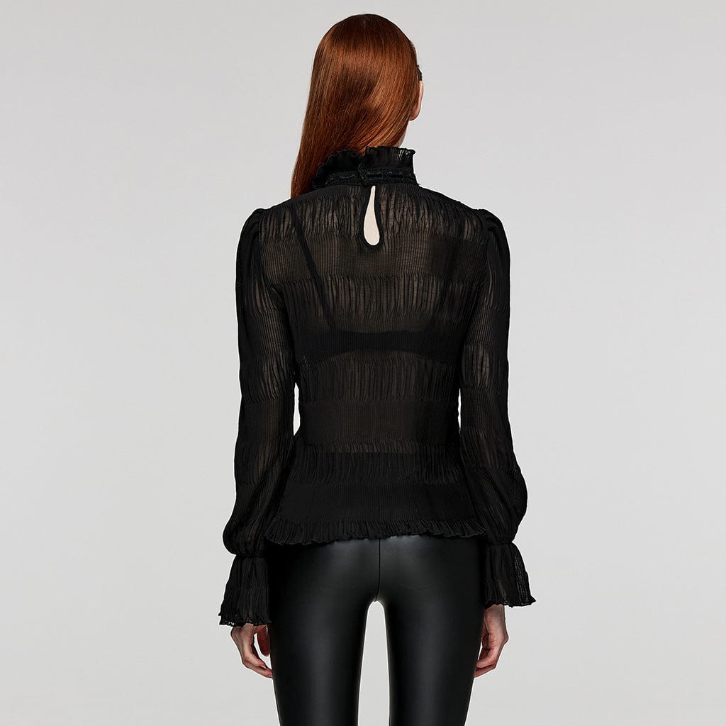 PUNK RAVE Women's Gothic Stand Collar Puff Sleeved Ruched Shirt