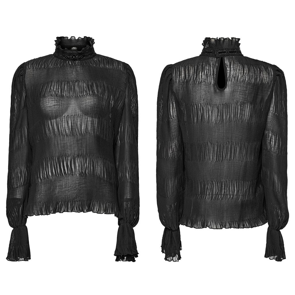 PUNK RAVE Women's Gothic Stand Collar Puff Sleeved Ruched Shirt