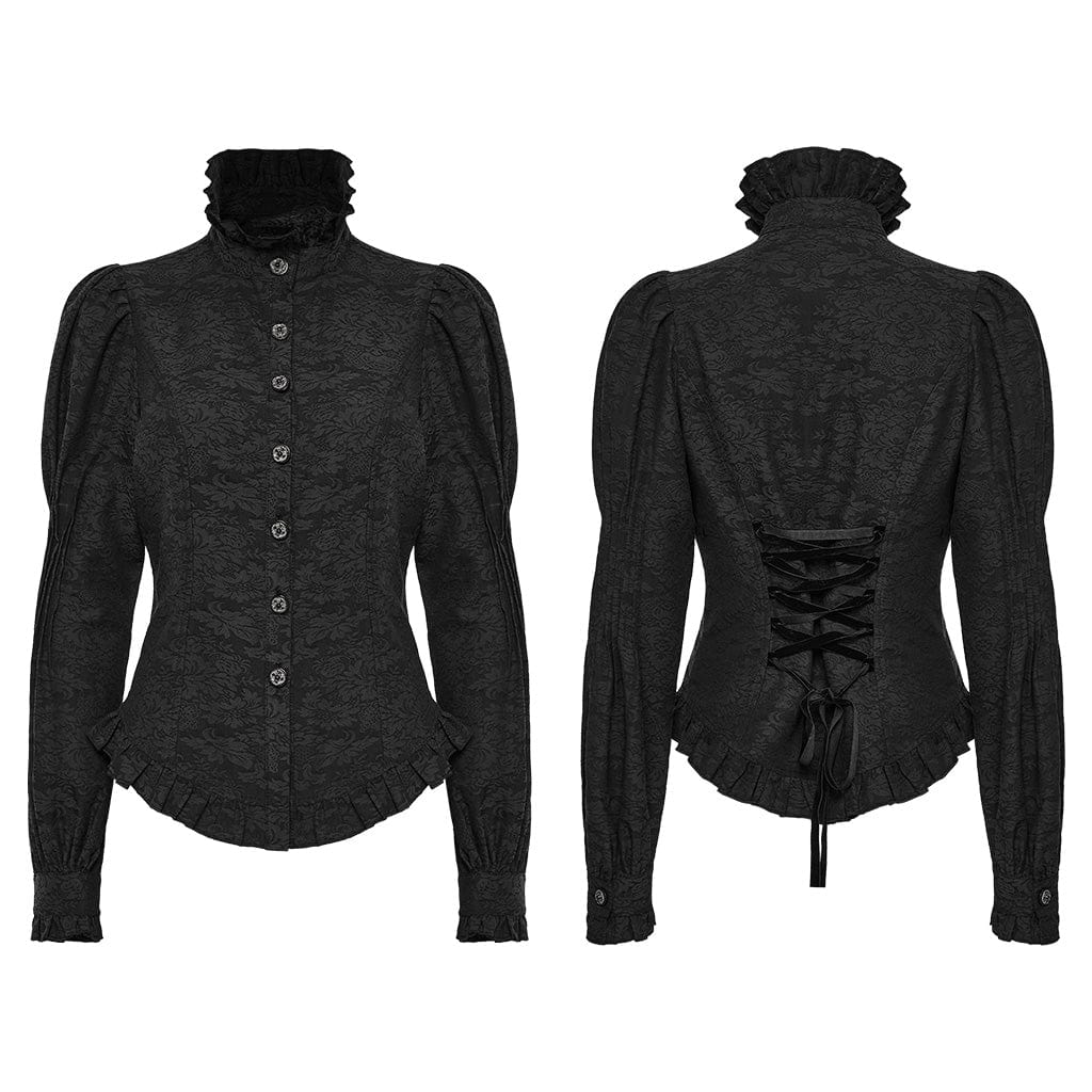 PUNK RAVE Women's Gothic Stand Collar Puff Sleeved Ruffled Shirt