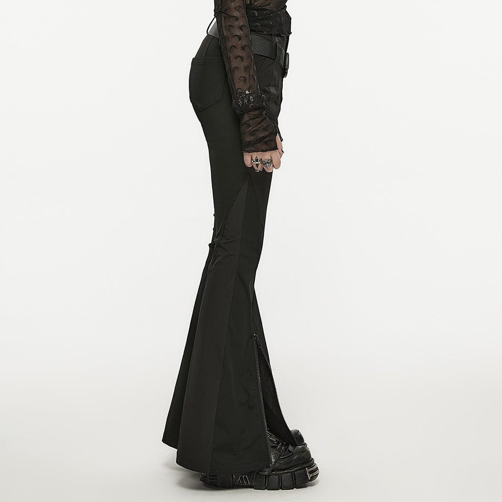 PUNK RAVE Women's Gothic Strap Splice Buckle Flared Pants