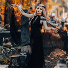 PUNK RAVE Women's Gothic Strappy Side Slit Dress with Detachable Cape