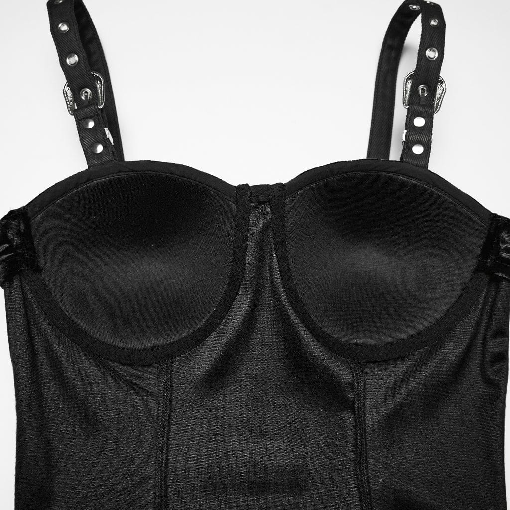 PUNK RAVE Women's Gothic Striped Lace-up Slip Dress Graduation Dress with Detachable Bowknot Black