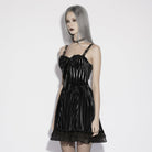 PUNK RAVE Women's Gothic Striped Lace-up Slip Dress Graduation Dress with Detachable Bowknot Black