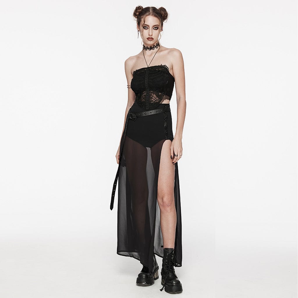 PUNK RAVE Women's Gothic Studded Split Chiffon Skirt with Belt