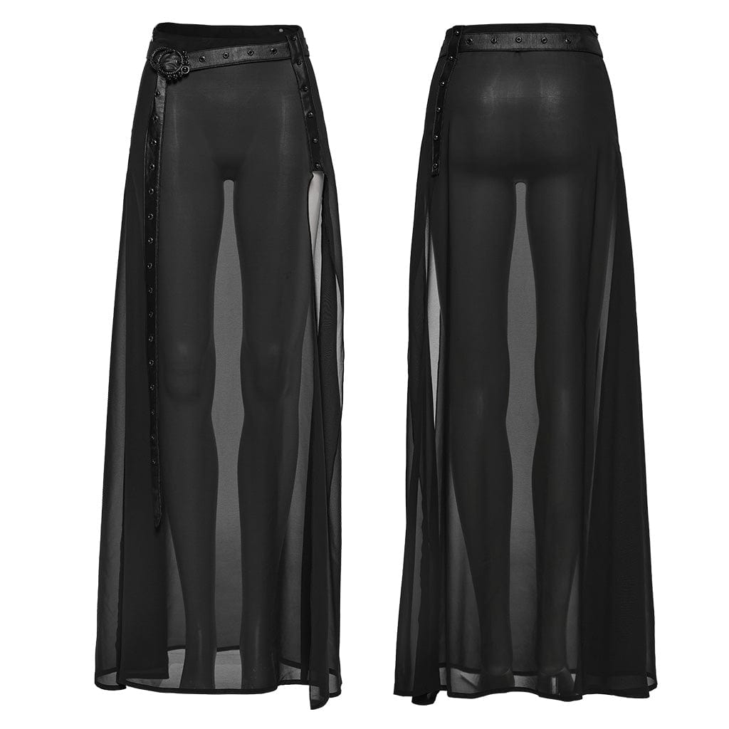 PUNK RAVE Women's Gothic Studded Split Chiffon Skirt with Belt